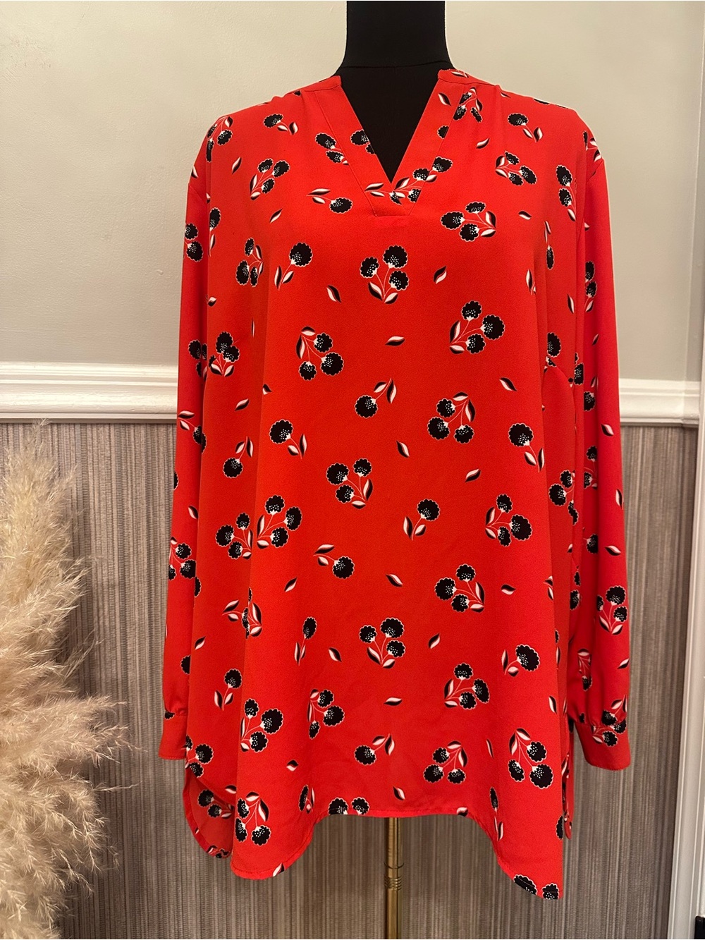 Anne Klein 2X Red Black Floral Tunic Blouse V Neck Long Sleeve Plus Size
